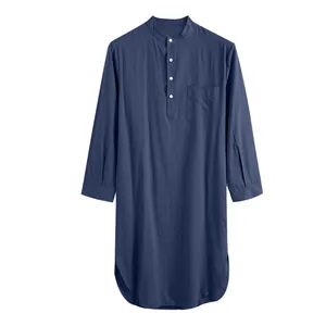 Front view of a men's navy blue long-sleeve thobe robe with a mandarin collar.