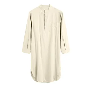 Traditional men's long-sleeve solid beige tunic robe with mandarin collar and breast pocket