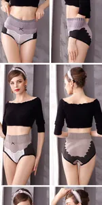 Multiple views of high-waisted lace seamless tummy control panties on model