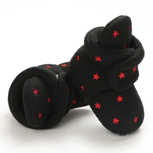 Soft black fleece baby booties with red star embroidery and warm lining for winter