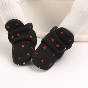 Warm black fleece baby boots featuring red star embroidery and soft plush lining for winter