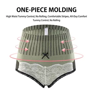 Seamless high-waisted lace shapewear panties for tummy control with a ribbed design