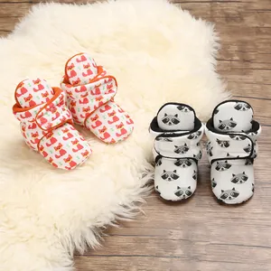 Infant Cartoon Fox Print Cotton Shoes For Baby Boys Girls Warm Plush Lined First Walkers Soft Sole Hook and Loop Winter Boots
