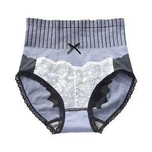 High-waisted graphene lace panties for women, seamless tummy control shaping briefs in blue
