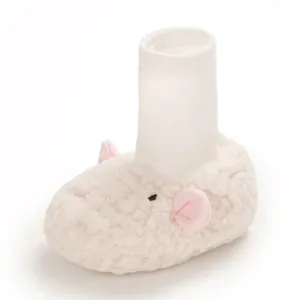 Adorable white plush sheep-themed baby sock shoes with cozy soft soles for infants