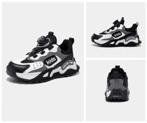 Detaillierte Mehrwinkelansicht atmungsaktiver Mesh-Sportschuhe für Kinder in Schwarz-Weiß
