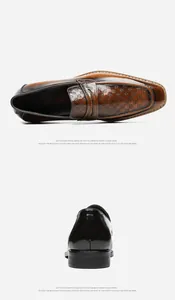 Detailed view of men's square toe loafers showing embossed pattern and heel