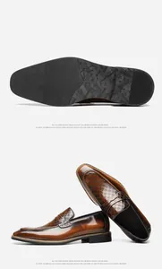 High-quality detail view of brown embossed leather loafers showing anti-slip rubber sole