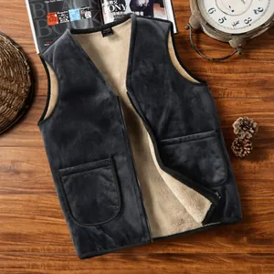 Cozy men's dark grey fleece-lined winter vest with full zip closure and front pockets.