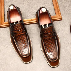 Men's classic brown embossed leather loafers with elegant square toe for formal business wear