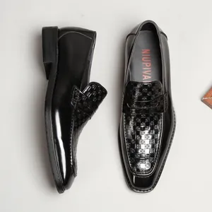 Classic black patent leather square toe loafers for men's business formal and dress wear