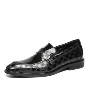 Men's formal black patent leather business loafers with stylish checkered embossed pattern