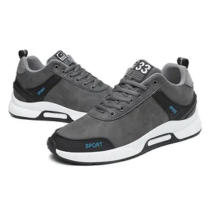 Grey men's sports casual sneakers with 6cm invisible height increase and breathable mesh