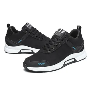 Men's black casual running shoes with 6cm hidden height increase and breathable upper