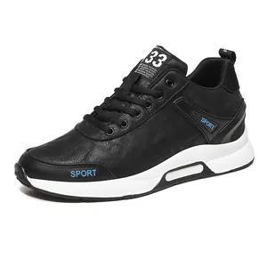 Black men's sports casual sneakers with 6cm invisible height increase and leather finish