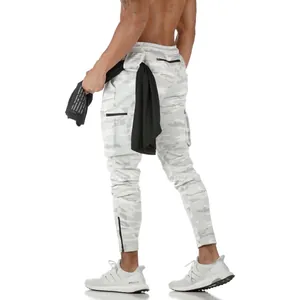 Rear view of white camouflage cargo joggers for men's athletic gym fitness training