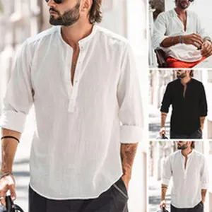Κάζουαλ ανδρικό λινό πουκάμισο henley με μακριά μανίκια σε λευκό και μαύρο χρώμα