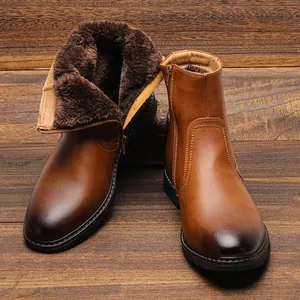 Botas de nieve para hombre con forro de piel sintética gruesa y textura de cuero exterior