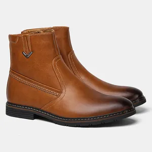 Botas altas clásicas de cuero marrón para hombre con cremallera lateral y degradado
