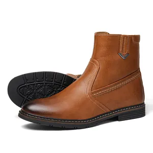 Botas de invierno de cuero marrón para hombre con suela de goma antideslizante y duradera