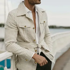 Giacca casual da uomo a righe verticali con cintura in vita e tasche multiple