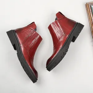 Men's Chelsea Boots Cowhide Leather Brogue Carved Martin Boots Retro Thick Sole Elastic Slip-On Outdoor Short Boots