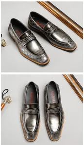 Composite view of metallic grey leather loafers with embossed checkerboard pattern