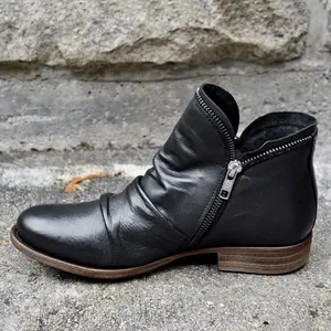 Women's Vintage PU Leather Martin Boots Ruched Side Zipper Round Toe Low Chunky Heel Ankle Boots For Autumn Winter Casual Daily Wear