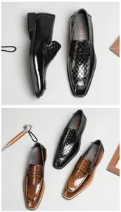 Detail view of retro square toe leather loafers with checkerboard embossed pattern
