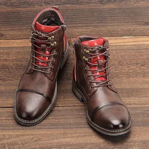 Men Vintage Distressed Work Boots PU Leather Side Zipper Front Lace-up Martin Boots Non-slip Blue Rubber Sole Casual Boots