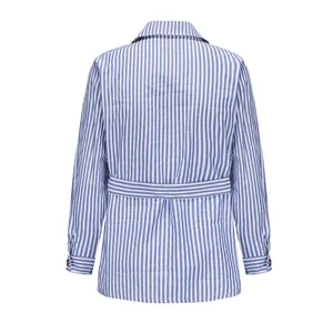 Vista posteriore dettagliata di un blazer casual da uomo a righe blu e bianche classiche