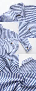 Dettagli ravvicinati di una camicia casual da uomo a righe bianche e blu