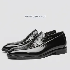 Genuine Patent Cowhide Leather Loafers Men Business Formal Square Toe Embossed Totem Vintage Slip On Office Dress Shoes