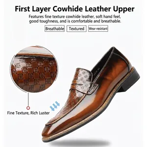 Classic brown leather loafers with vintage embossed pattern and square toe design