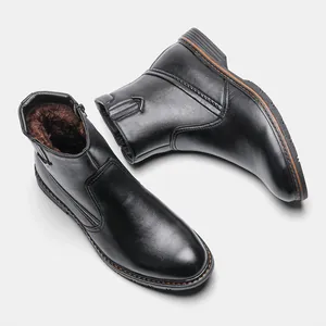 Botas de nieve de invierno para hombre con forro de felpa cálido y cuero negro impermeable