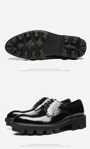 Detailansicht glänzend schwarzer Herren-Business-Schuhe mit dicker Profilsohle aus Gummi