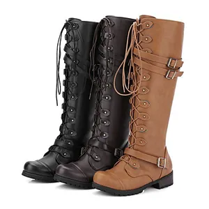 Vintage Schnürstiefel kniehoch mit Nieten und Gürtelschnallen in drei Farben