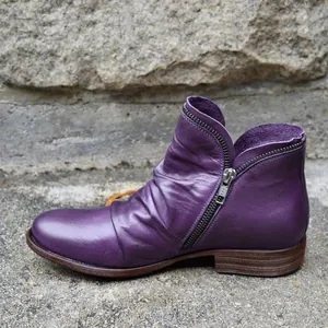 Retro purple leather ankle boots for women with side zipper and round toe design