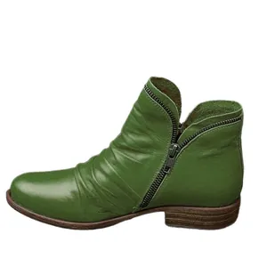 Vintage grass green leather ankle boots featuring side zipper and elegant ruched detail