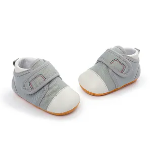 Breathable mesh baby walking shoes with anti-slip rubber sole in grey and white
