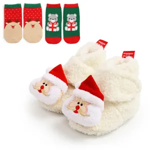 Säugling Weihnachten Warm Weiche Sohle Lauflernschuhe Und Socken Kleinkind Baby Winter Plüsch Weihnachtsmann Rentier Muster Geschenk