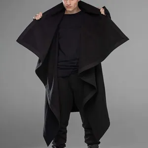 Detailed close-up view of men's black punk style irregular draped cloak trench coat jacket