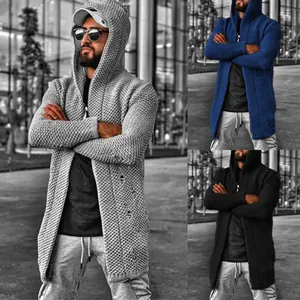 Cárdigan de Punto con Capucha para Hombre Manga Larga Frente Abierto Textura de Panal Largo Medio Suéter Abrigo Otoño Invierno Casual