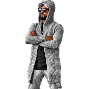 Chaqueta de punto con capucha gris para hombre, estilo casual urbano para otoño e invierno