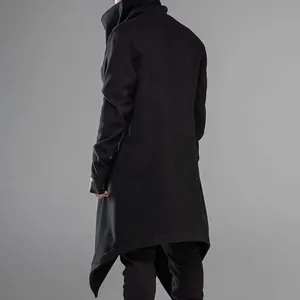 Men's gothic punk style black high collar windbreaker with irregular asymmetric hemline