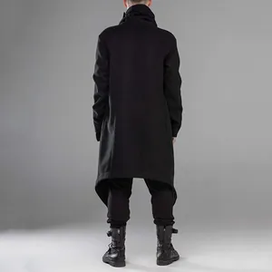 Rear view of a men's long black irregular punk style windbreaker with high collar