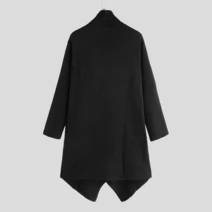 Rear view of black minimalist men's high collar punk cloak coat with irregular hemline