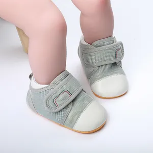 Breathable grey mesh baby walking shoes with anti-slip rubber soles and velcro straps