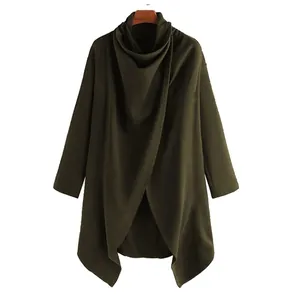 Detailed front view of a dark olive green men's high-neck cloak with irregular hem.