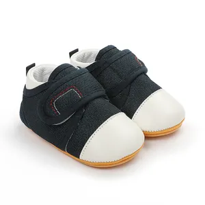 Navy blue breathable mesh baby walker shoes with white faux leather toe and non-slip sole